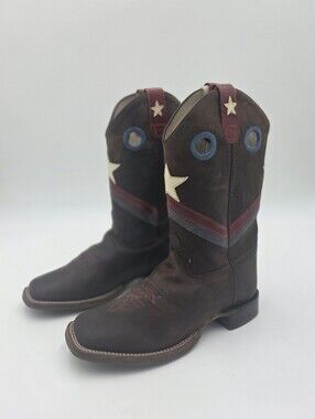 Old West Brown Kids Cowboy Boots with Cream Star and Blue Accents Size 6D